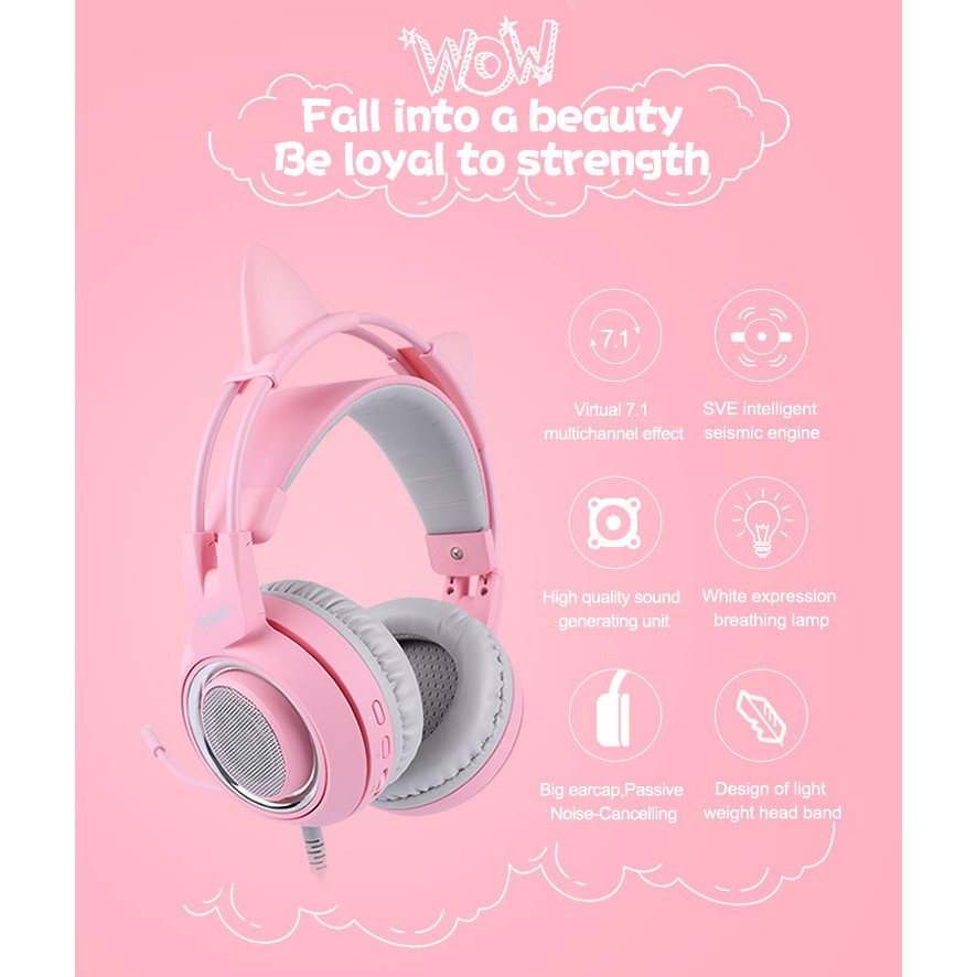 Tai nghe Gaming Somic G951 Pink tai mèo (Hồng) - USB Sound 7.1