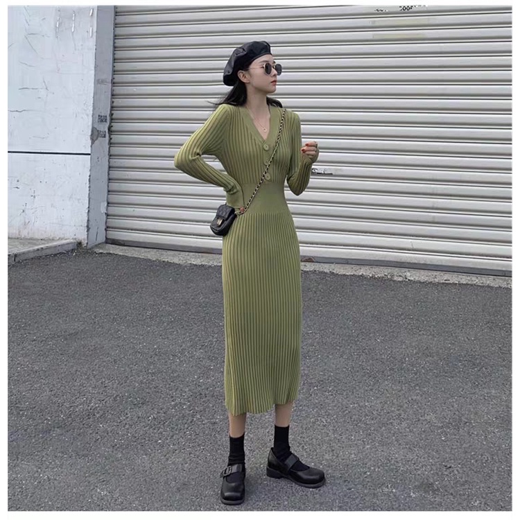 Đầm nữ dệt kim SUXI dáng dài cổ V thời trang mùa thu phong cách vintage