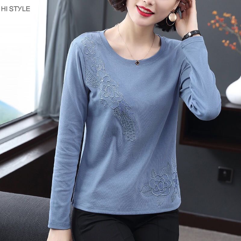 [Có size to] Áo trung niên đính đá thêu hoa 95% cotton mỏng áo dài tay form suông cỡ lớn big size