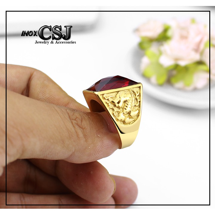NHẪN NAM INOX MẠ VÀNG ĐÁ ĐỎ CHẠM RỒNG siêu đẹp - tặng hộp đựng nhẫn xinh xắn