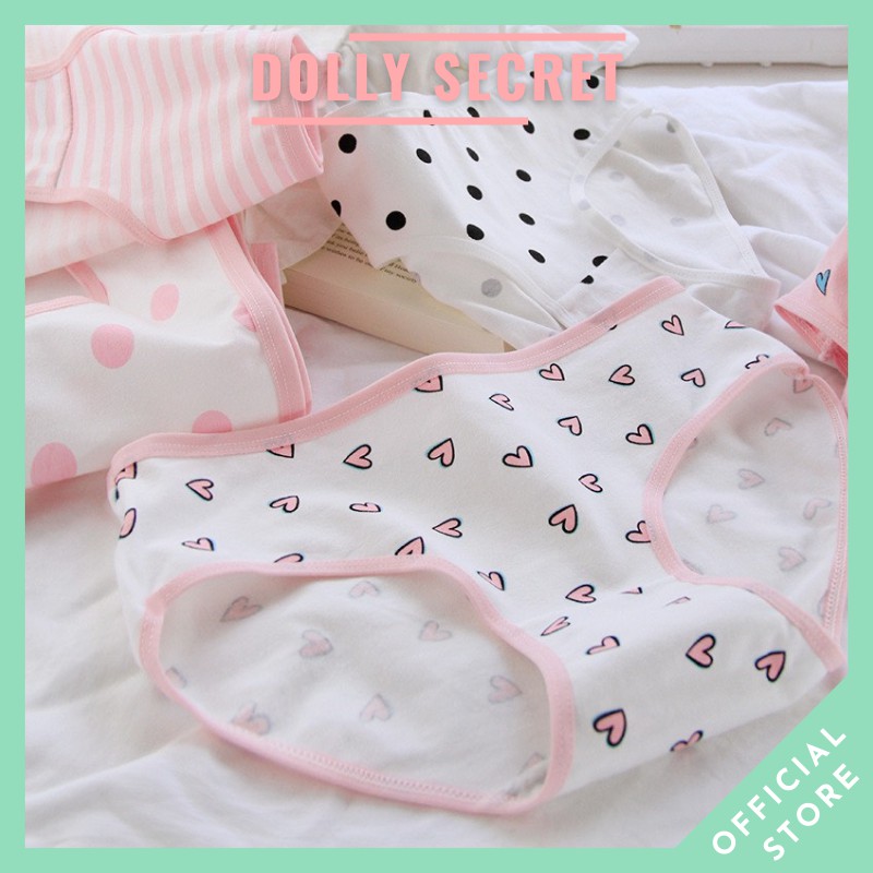Quần lót nữ cotton phong cách nữ sinh màu trắng hồng họa tiết chấm bi kẻ ngang dễ thương đáng yêu DOLLY SECRET QL045