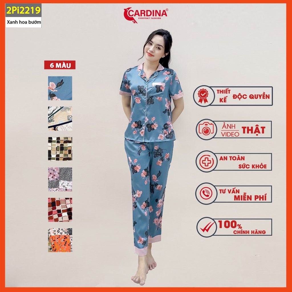 Đồ bộ pijama nữ CARDINA chất lụa satin Nhật cao cấp quần dài áo cộc tay họa tiết tinh tế trẻ trung 2Pi22