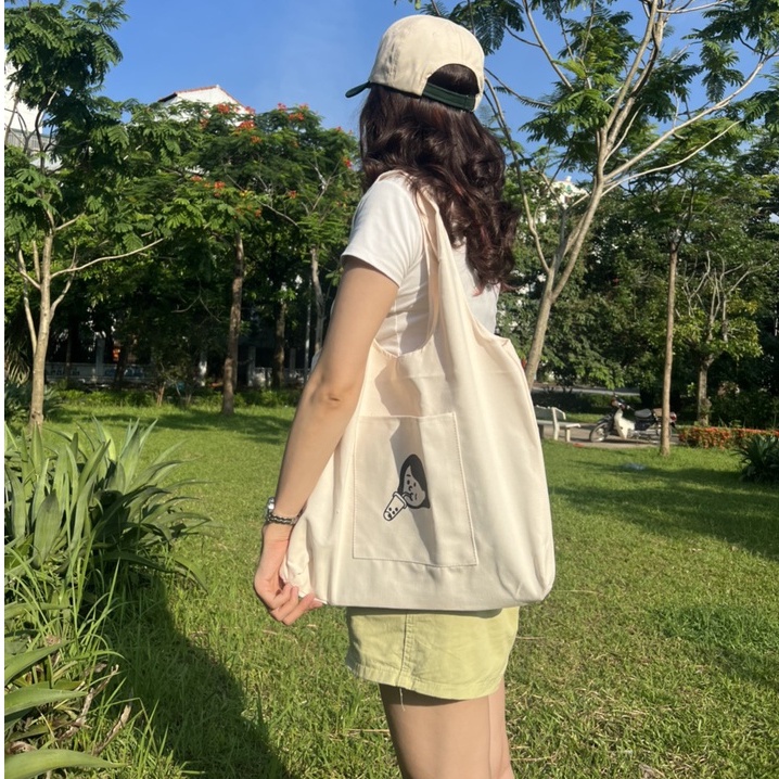 Túi tote HAZIN vải canvas ulzzang unisex họa tiết cô gái dễ thương túi vải đi học đi chơi