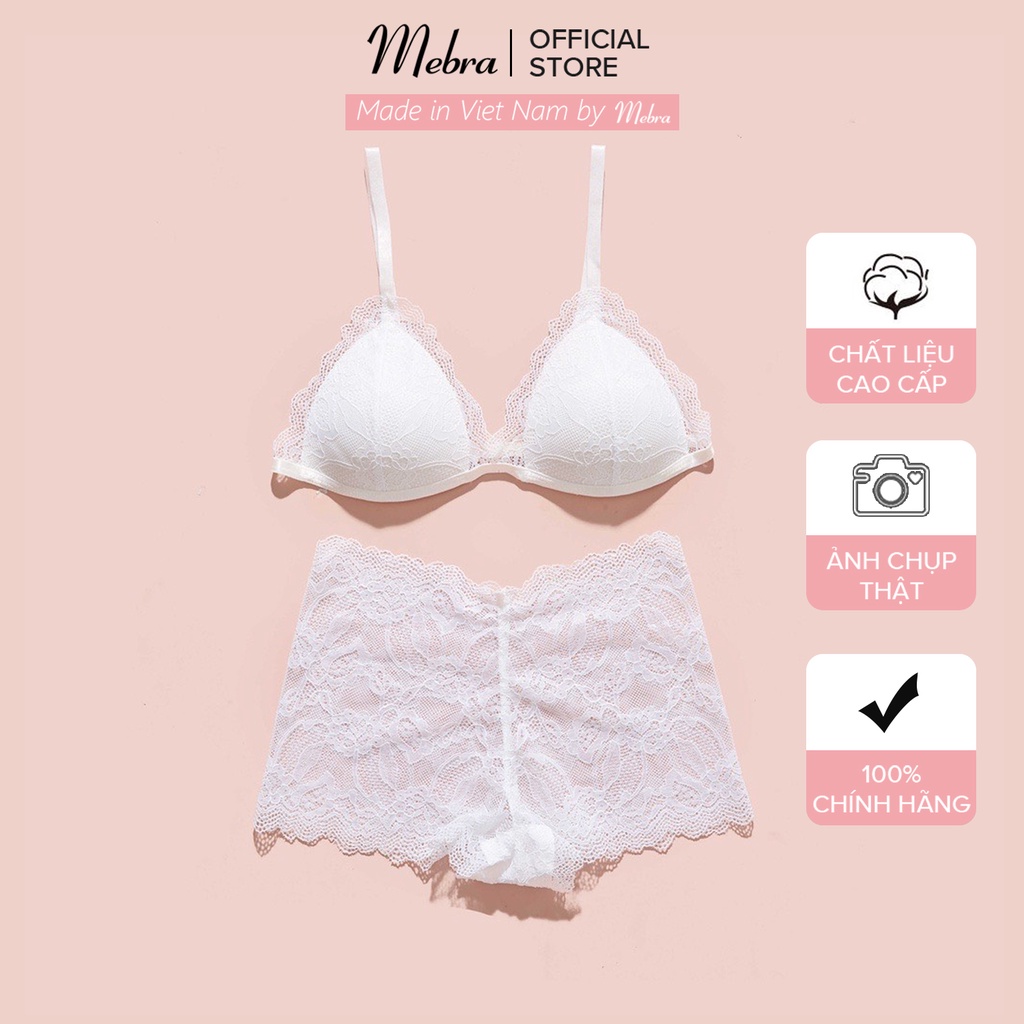 Set đồ lót bralette ren trắng không gọng mút mỏng quần boxer có tăng đơ 4 chiều thương hiệu Mebra A023+Q036