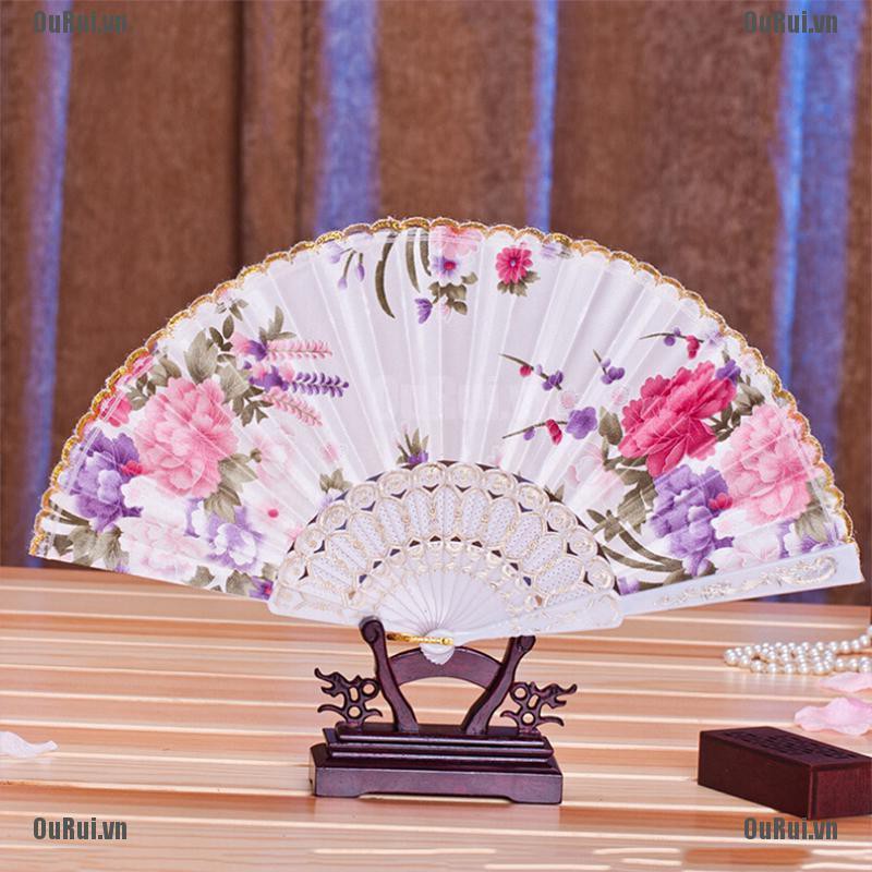 Quạt Vải Lụa Cầm Tay In Hoa Xinh Xắn Gấp Gọn Tiện Dụng