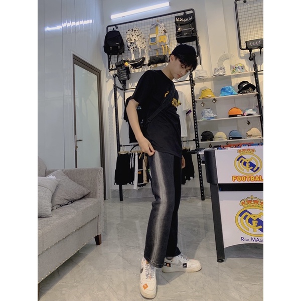 Quần jeans, quần bò Nam màu đen sọc trắng ống xuông streetwear