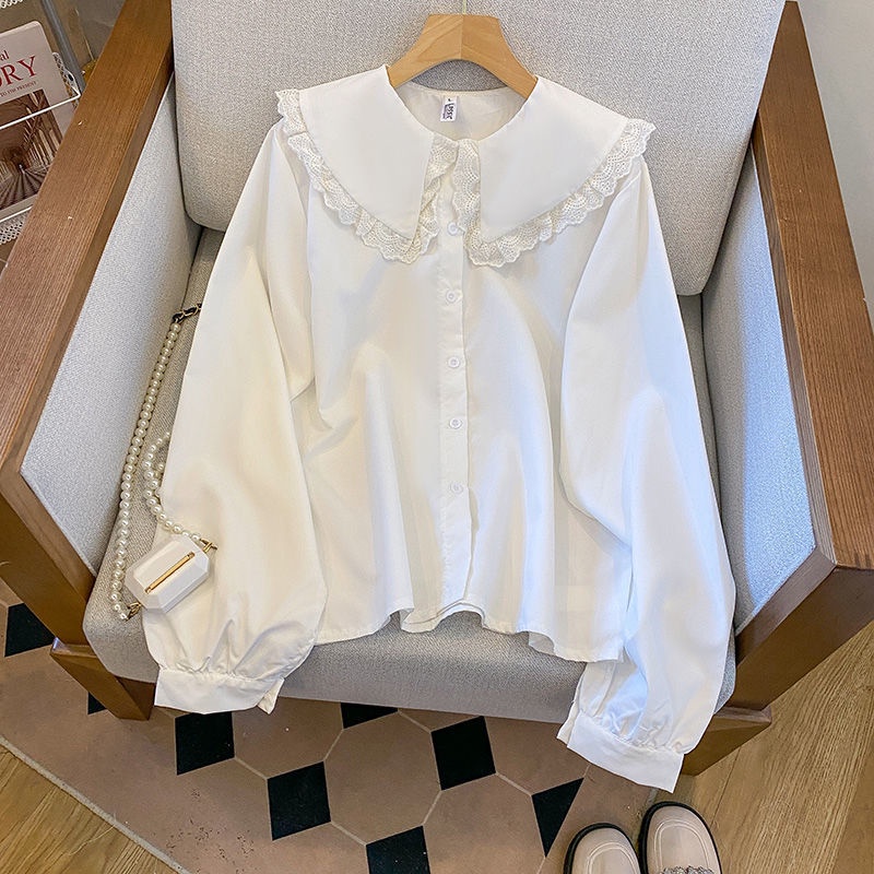 Áo Sơ Mi Trắng Tay Dài Cổ Búp Bê Phối Ren Dáng Rộng Thời Trang Thu Đông Hàn Quốc Cho Nữ