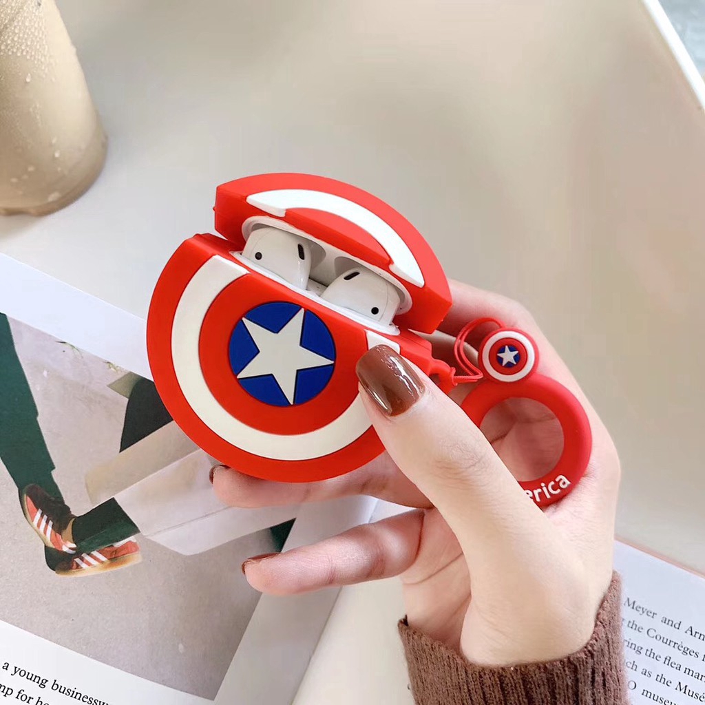 Vỏ bọc silicon bảo vệ hộp tai nghe in biểu tượng khiên của Captain America/Batman cho Apple Airpod 1 2