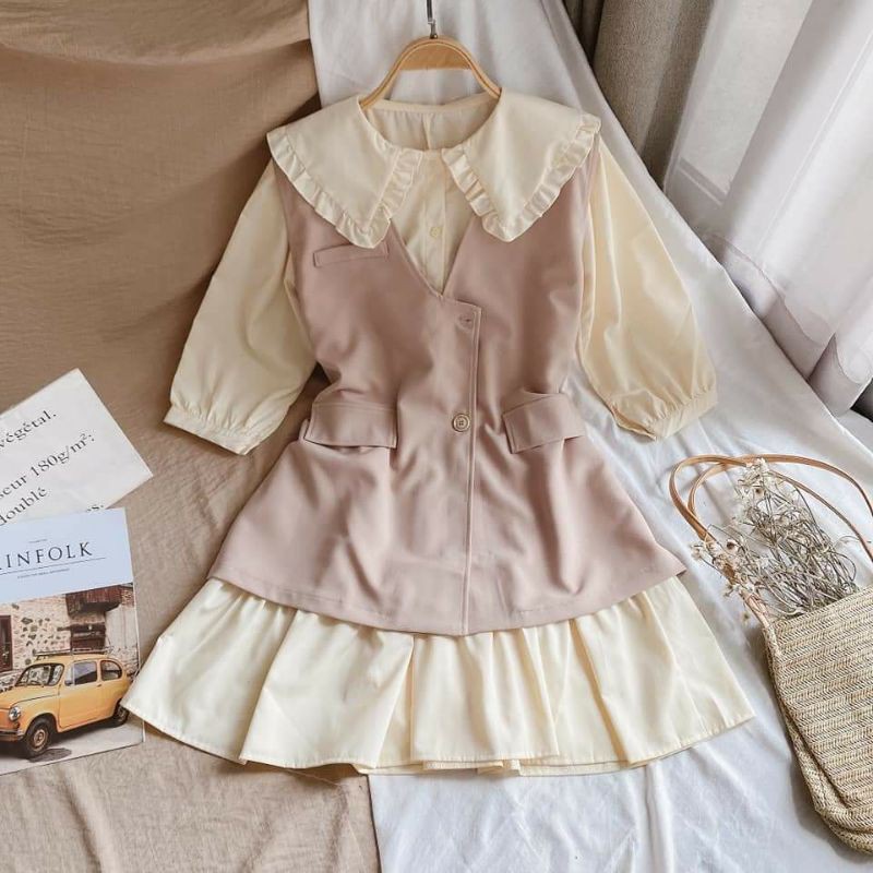 set oversize cotton lạnh gồm đầm suông bbdoll cổ pp viền bèo, TD + ghile form rộng bất đối xứng