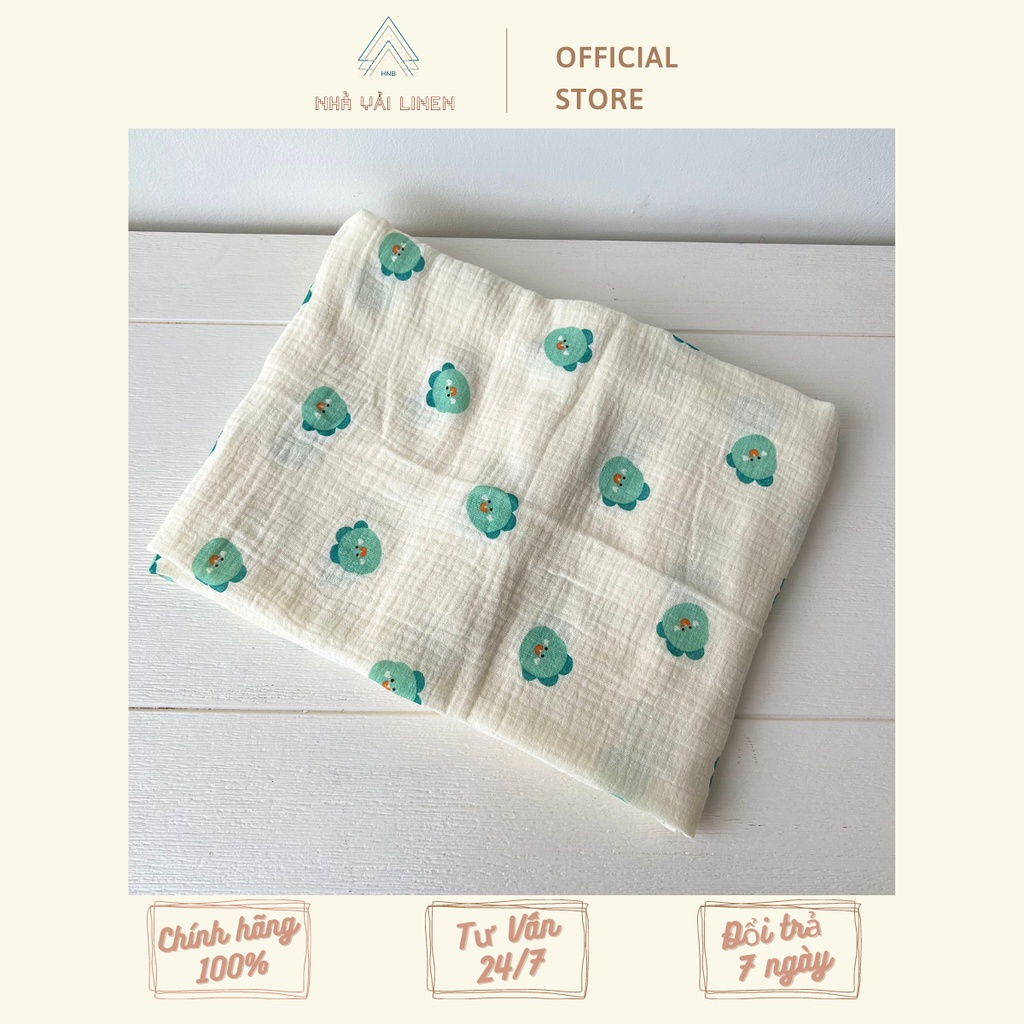 Vải Họa Tiết Xô Sợi Tre - Muslin Khủng Long Xanh Nền Be Nhà Vải Linen