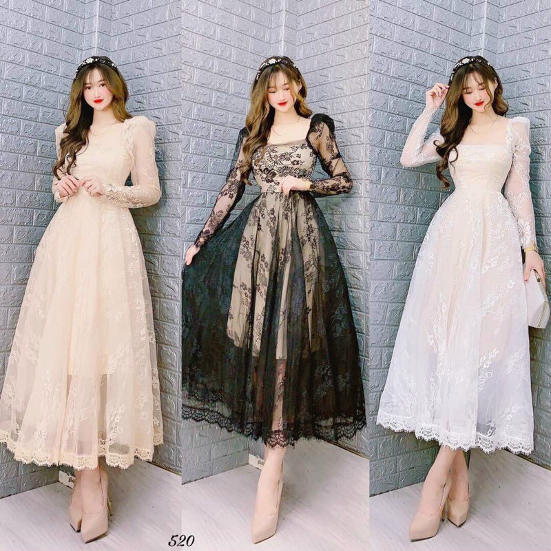 đầm xoè tay dài ren mi