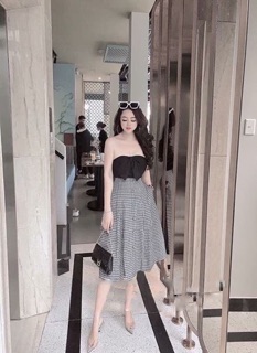 Đầm áo ống phối caro bọc nút❣️