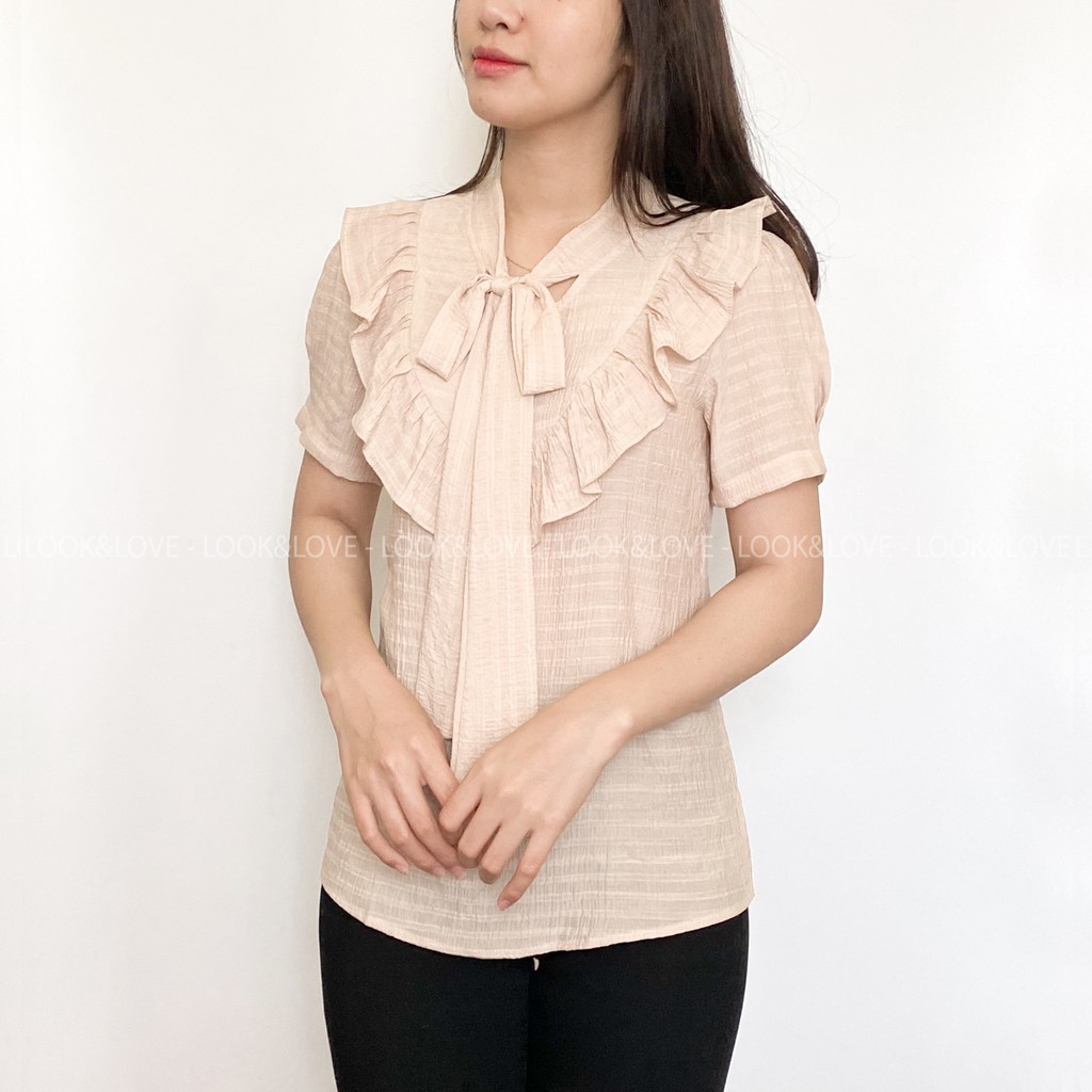 Áo sơ mi nữ tay ngắn Look&Love chất đũi không nhăn viền cổ nhúm bèo thắt nơ đIệu, Mã SM05
