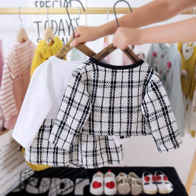 Set Đồ 2 Món Áo Khoác Cardigan + Đầm Sọc Ca Rô Đen Trắng Thời Trang Xuân Thu Cho Bé Gái