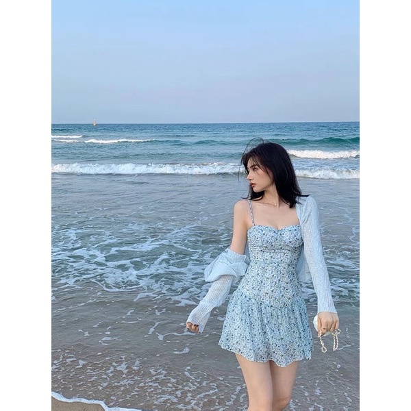 SET VÁY HAI DÂY HOA NHÍ + ÁO LEN CARDIGAN MỎNG
