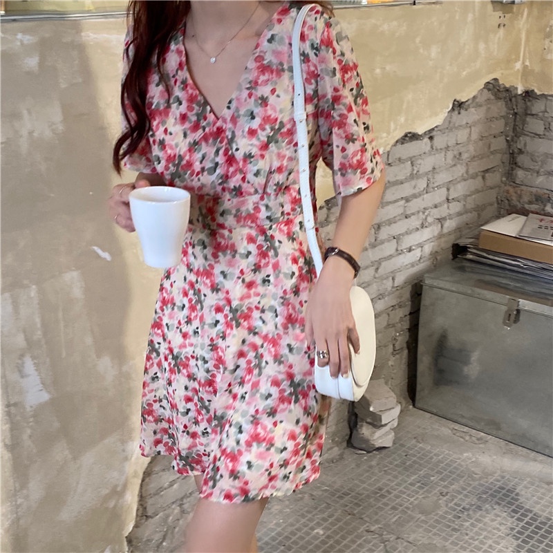 Đầm hoa SUXI tay ngắn cổ chữ V dáng chữ A phong cách cổ điển đơn giản thời trang mùa hè cho nữ
