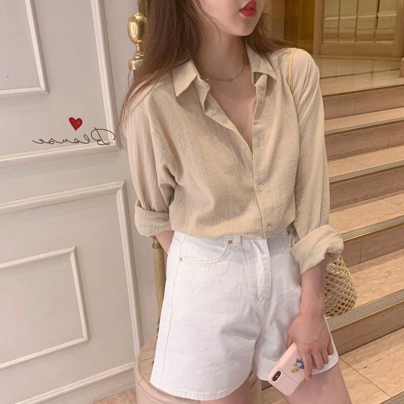 Áo sơ mi nữ RENJIANVSHENG tay dài dáng rộng màu trơn thanh lịch thời trang