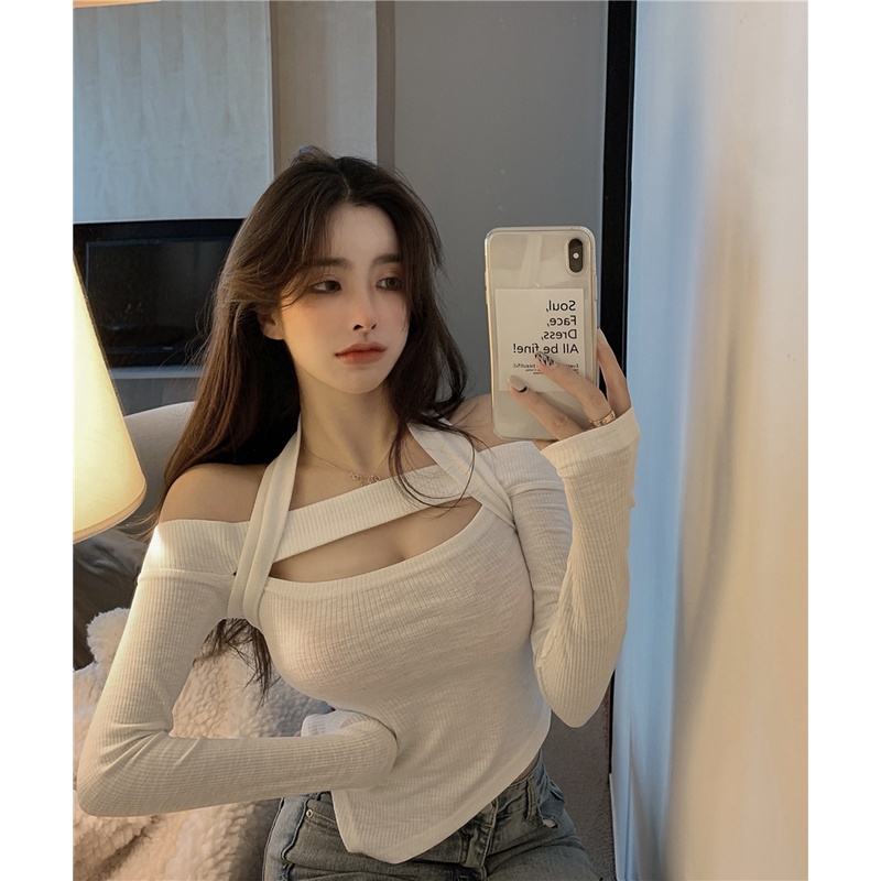 QKOOLE  Áo dệt kim tay dài cổ vuông yếm phong cách Hàn Quốc thời trang cho nữ