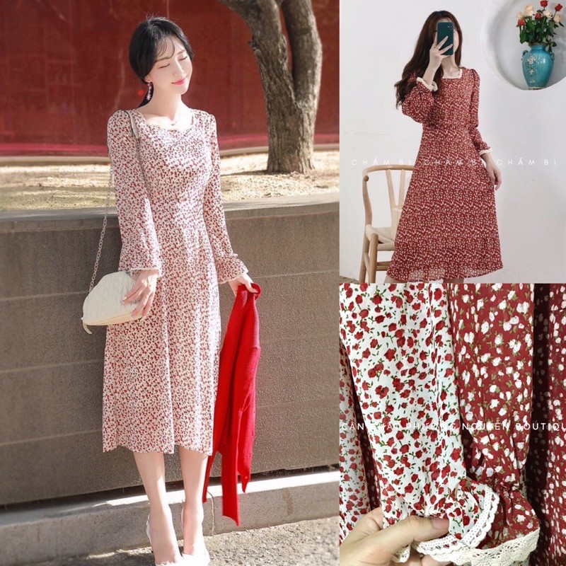 Váy đầm nữ hoa nhí tiểu thư có dây đai eo tôn dáng ulzzang Hàn Quốc | BigBuy360 - bigbuy360.vn