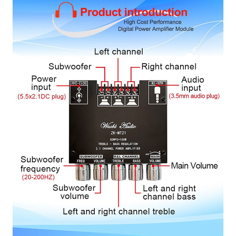 Bảng Mạch Khuếch Đại Âm Thanh Zk-Mt21 2.1 Kênh 50wx2 + 100w