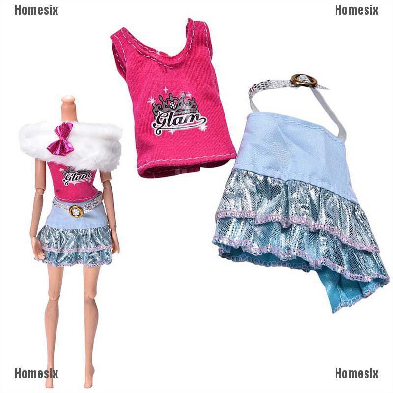 [HoMSI] 3 Pcs/Set White Fur Collar Skirt Suit for Barbie Dolls Pink Vest Fashion Clothes SUU