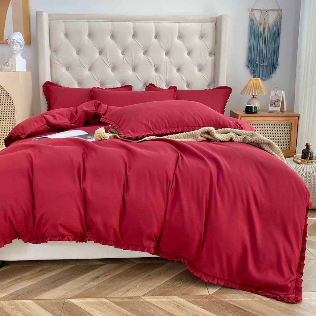 Bộ Chăn Ga Gối Cotton TICI LIDACO Bèo trơn - Đỏ Đậm
