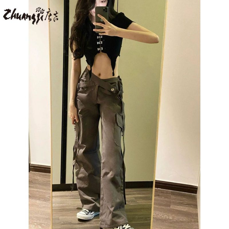 Quần Yếm Zhuangji Mỏng Dáng Rộng Cột Dây Kiểu Retro Mỹ Thời Trang Mùa Hè Cho Nam Và Nữ