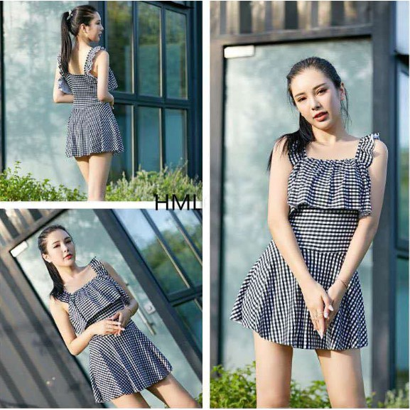 Có sẵn set đồ bơi liền thân kẻ caro vải đẹp | BigBuy360 - bigbuy360.vn