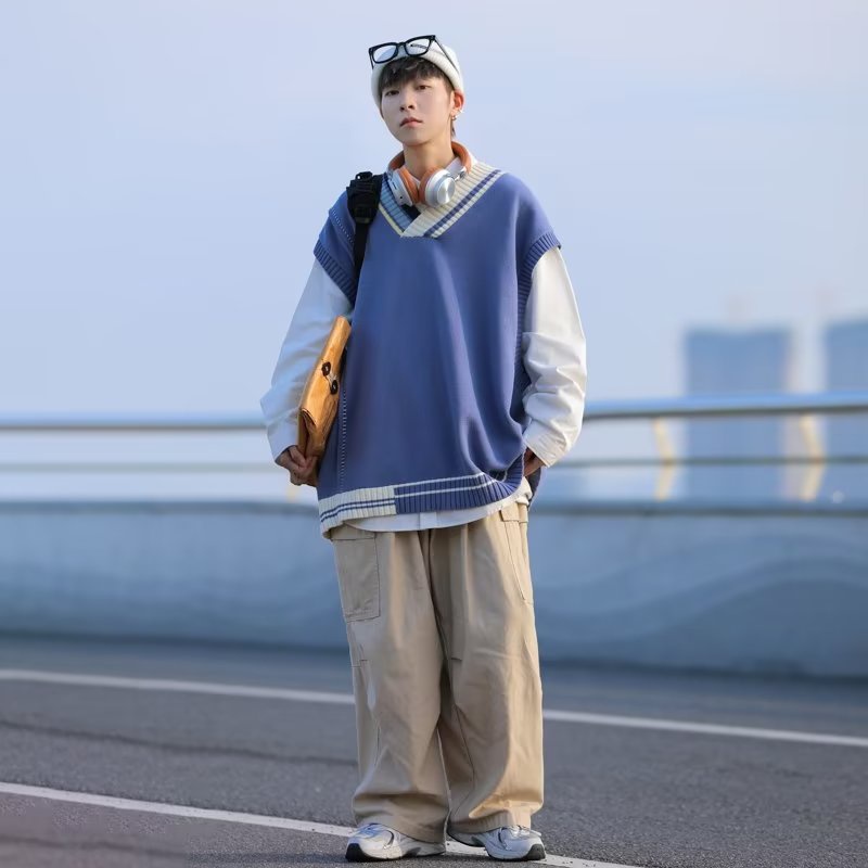 Áo Sweater Dệt Kim Sát Nách Dáng Rộng Kẻ Sọc Cổ V Kiểu Hàn Quốc Cá Tính Cho Các Cặp Đôi