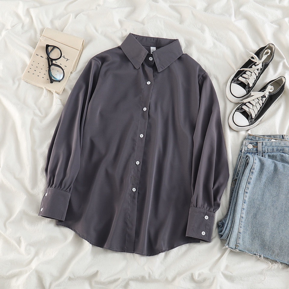 Áo Sơ Mi Tay Dài Dáng Rộng Màu Sắc Đơn Giản Cho Nữ