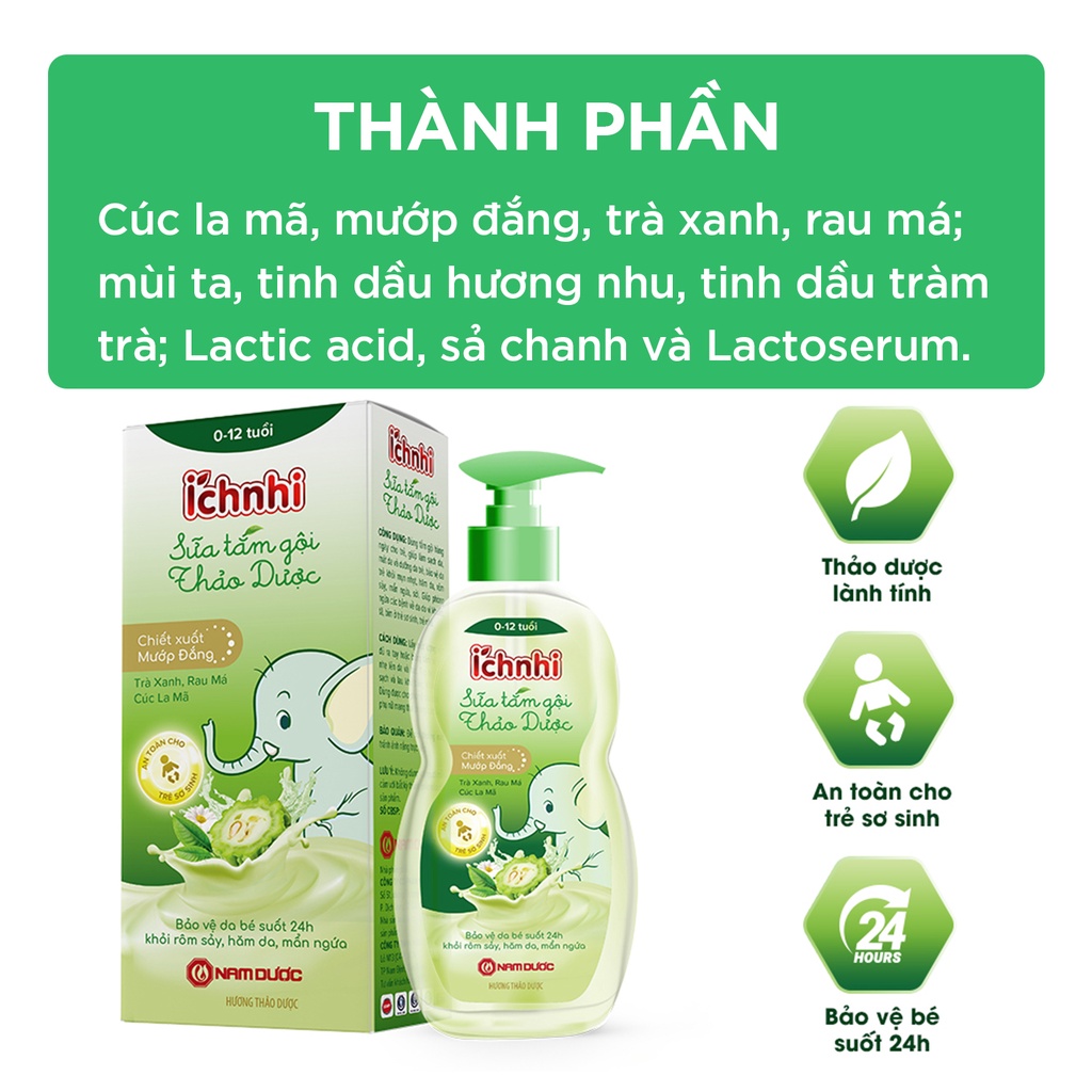 Sữa tắm gội thảo dược Ích Nhi cho bé chai 200ml phòng cảm lạnh, ngừa rôm sẩy, mẩn ngứa, dưỡng da mềm mịn