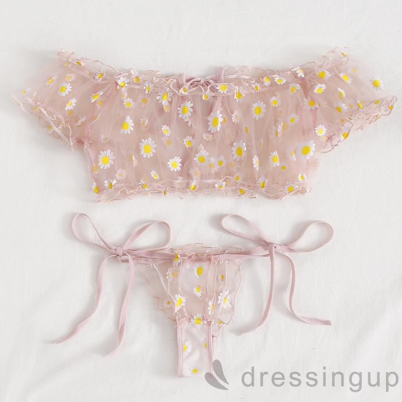 Set Đồ 2 Món Áo Croptop Trễ Vai In Hoa + Quần Lót Quyến Rũ Cho Nữ