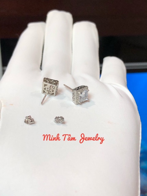 Bông tai bạc 925 nạm đá vuông xi kim cao cấp