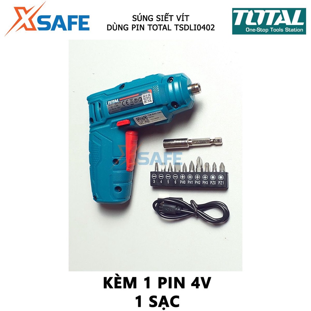 Máy siết vít dùng pin TOTAL TSDLI0402 | máy vặn vít điện thế 4V đầu lục giác 1/4'' tốc độ không tải 180 vòng / phút vặn