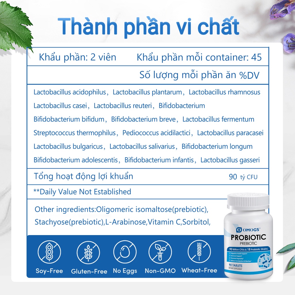 OMOGS Probiotics cho phụ nữ cho trẻ em cho người lớn cho nam giới Unisex & Thực phẩm bổ sung Prebiotics 90 viên