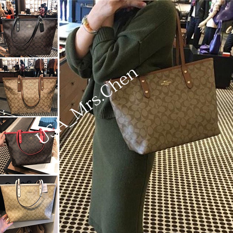 Túi tote dây kéo COACH, giấy mua hàng chính hãng F58292 girl shop bag mummy bag