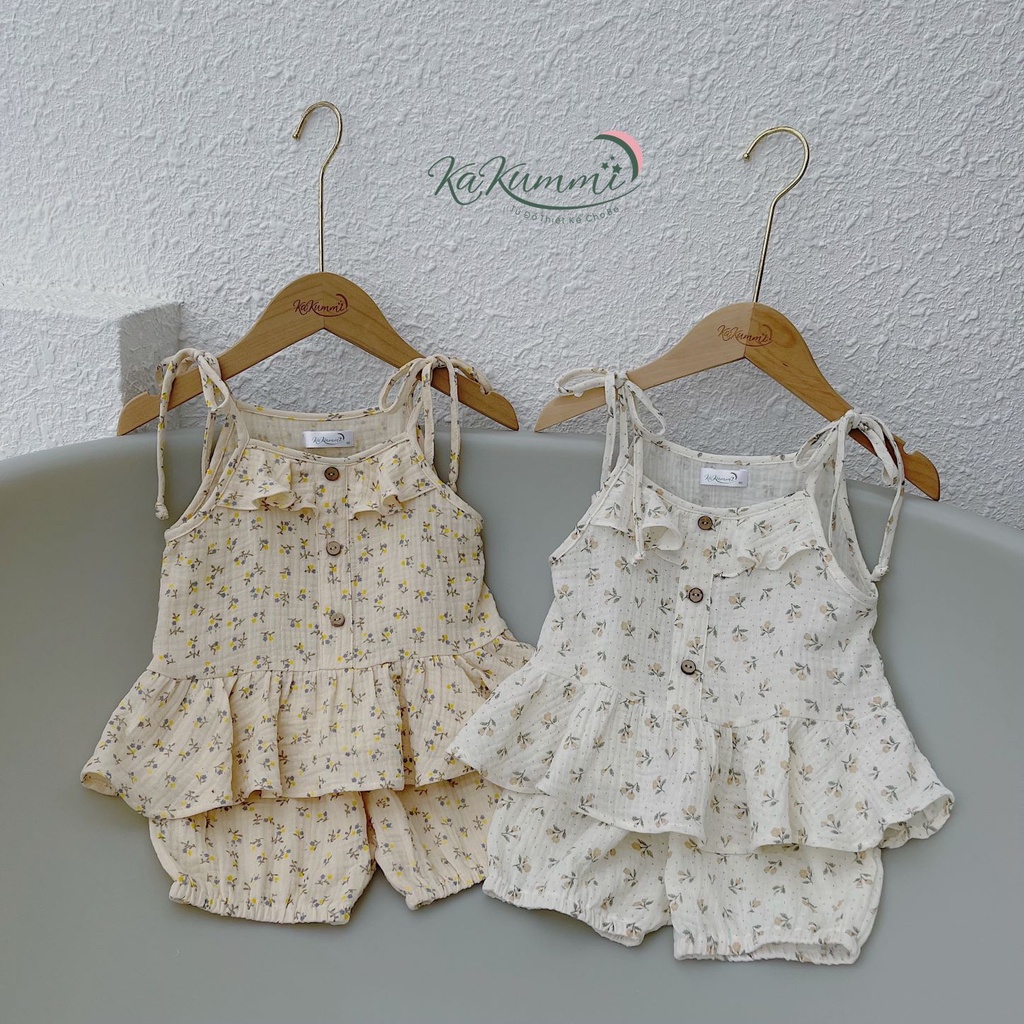 Set áo 2 dây bèo thân trước KM22-ST203 chất xô muslin cho bé gái