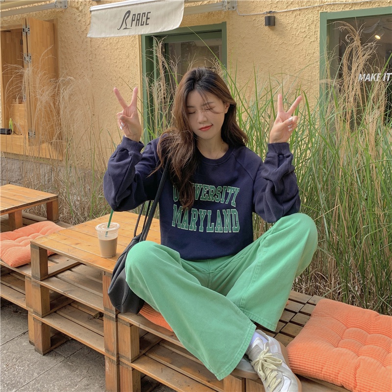 Áo sweater tay dàI cổ tròn in chữ thiết kế mớI phong cách hàn quốc