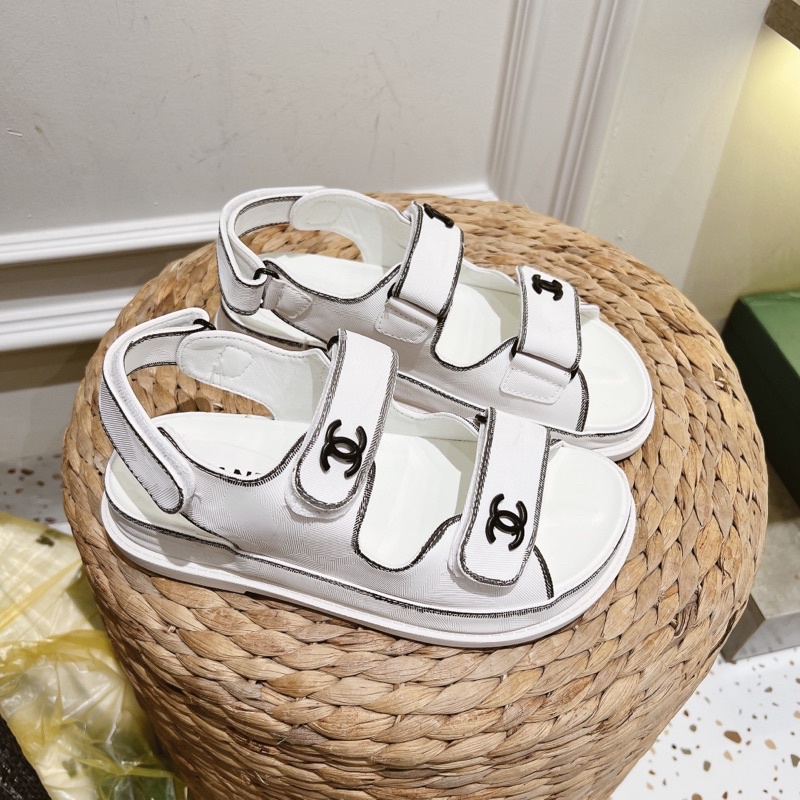 Sandal cn trắng viền kẻ quai dán ngang tag logo đế bằng fullbox
