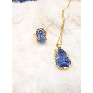 Set dây chuyền nhẫn tỳ hưu phong thuỷ mạ vàng 18k màu xanh aqua