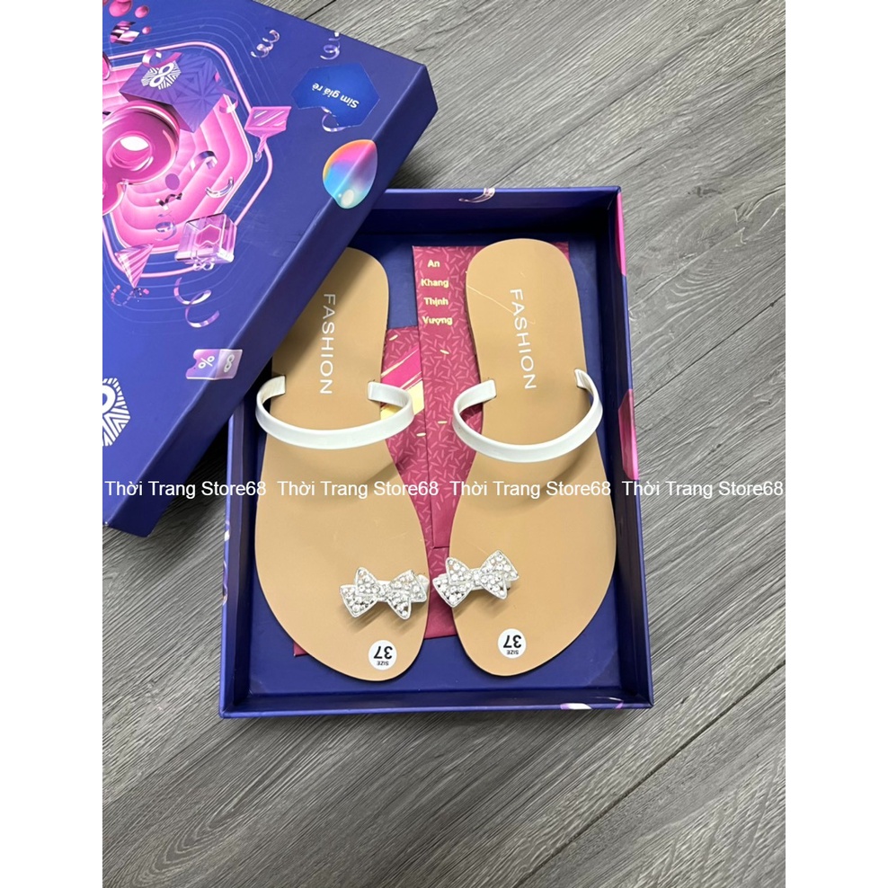 Dép nữ quai ngang 1 quai đính nơ đá cao cấp siêu xinh
