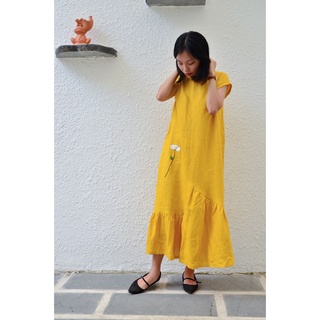 Đầm Suông Tay Ngắn Hoa Thêu Tay Linen Tưng Thoáng Mát Màu Vàng Nghệ Em&Linen Chân Váy Nhúng
