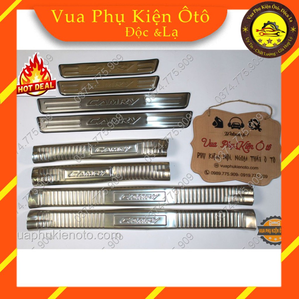 (TẶNG THÊM 2 cuộn băng keo 3M) Ốp bậc cửa Camry -Bộ 8 miếng inox trong ngoài