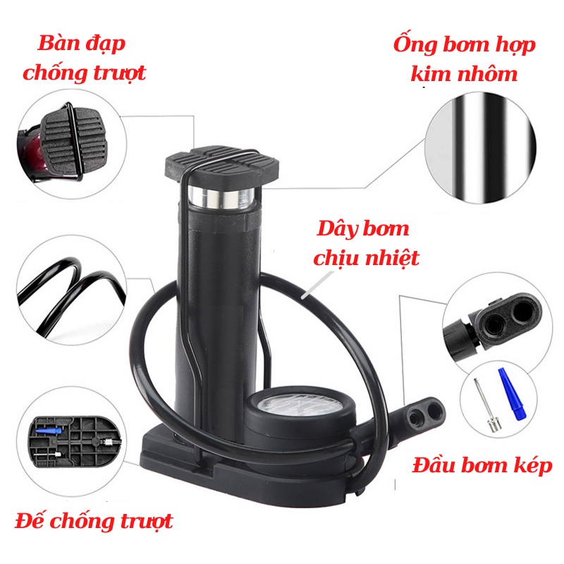 Bơm Xe Đạp Mini Đạp Chân, Bơm Xe Máy Áp Suất Cao 160psi Chắc Chắn Dễ Sử Dụng Tặng Kèm Kim Bơm