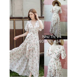 (free chỉnh sửa váy) đầm maxi hoa cổ tim xẻ tà, đầm hoa nhí xẻ tà du lịch chụp ảnh đi biển