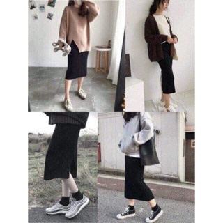 (Loại mỏng) Chân váy đen dáng dài, chân váy dài xẻ gấu Free size Free ship