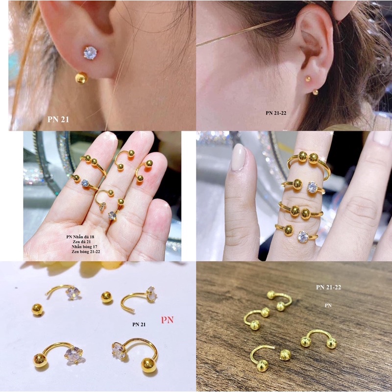 Bông tai cong vặn zen 2 đầu bóng tròn - đầu đá vàng