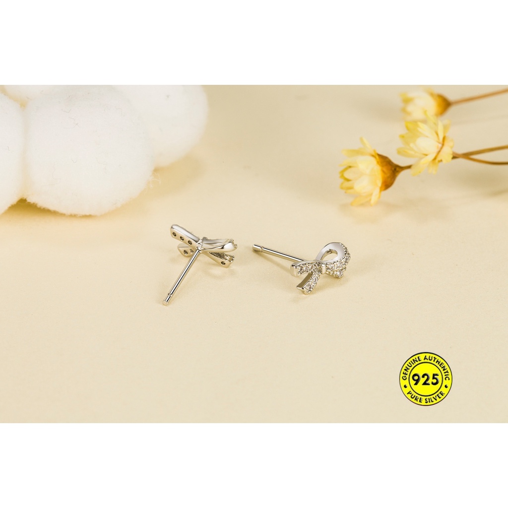 Bông Tai Mạ Bạc 925 Hình Nơ Đính Đá Xinh Xắn Cho Nữ