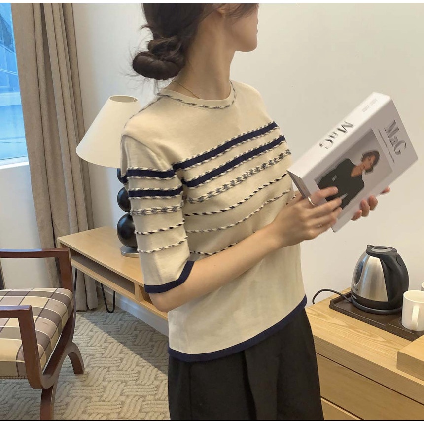 Porozi  Áo dệt kim  tay ngắn cổ tròn phong cách thời trang Hàn Quốc cho nữ