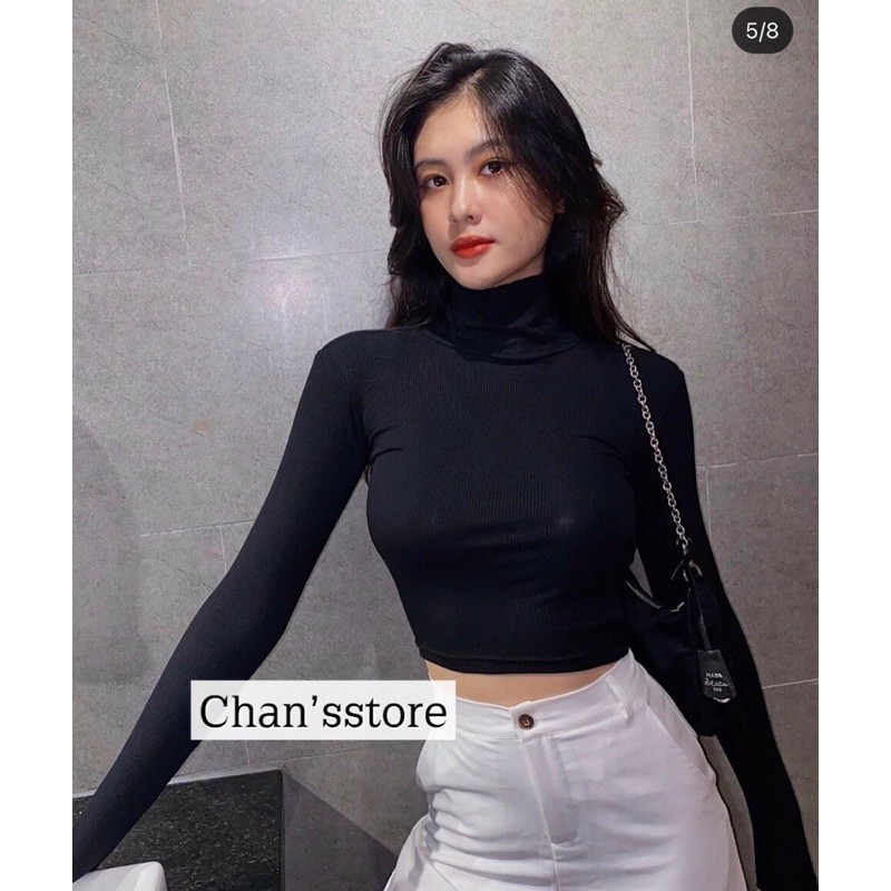 Áo croptop tay dài cổ lọ chất thun gân mịn